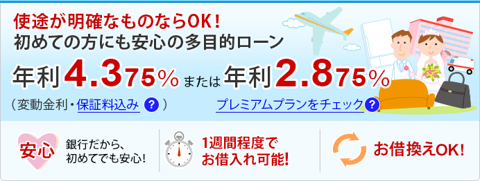 使途が明確なものならOK! 初めての方にも安心の多目的ローン 年利4.375%または年利2.875%