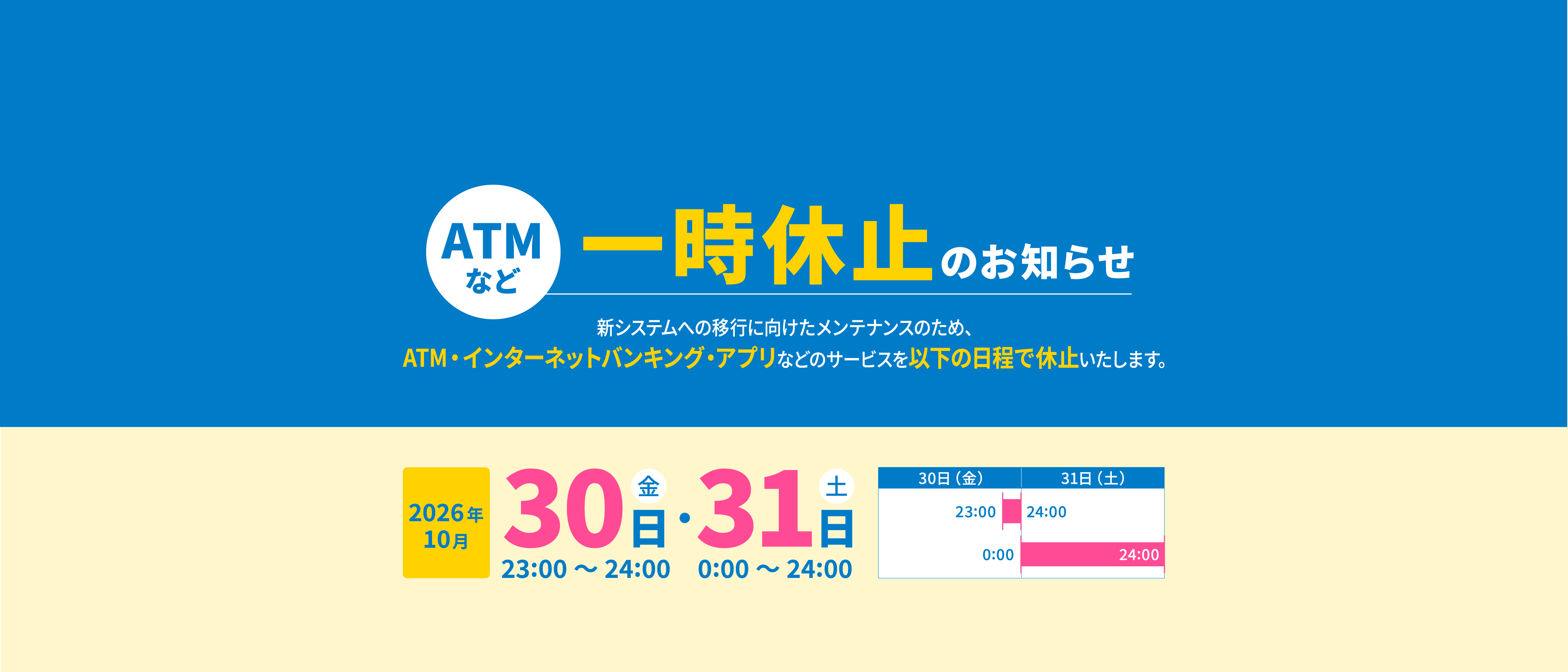 ATMなど一時休止のお知らせ