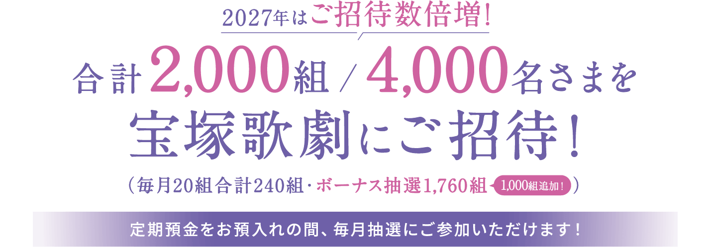 2027年は合計2,000組・4,000名さまを宝塚歌劇にご招待！（毎月20組合計240組・ボーナス抽選1,760組 1,000組追加！）定期預金をお預入れの間、毎月抽選にご参加いただけます！